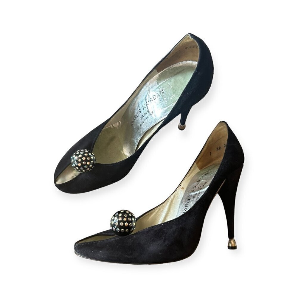 Vintage Charles Jourdan Black Suede Heel with Rhinestone Ball. Size 7 2A